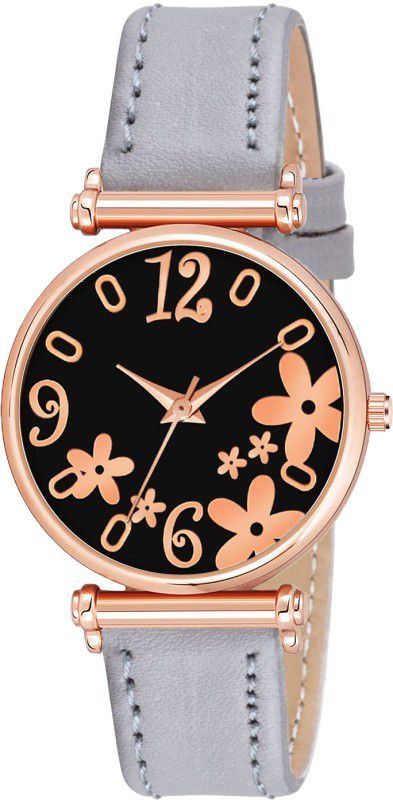 Analog Watch - For Girls C34 Rose Gold Flower Black Dial Grey Color Leather Strap Watch For Girl