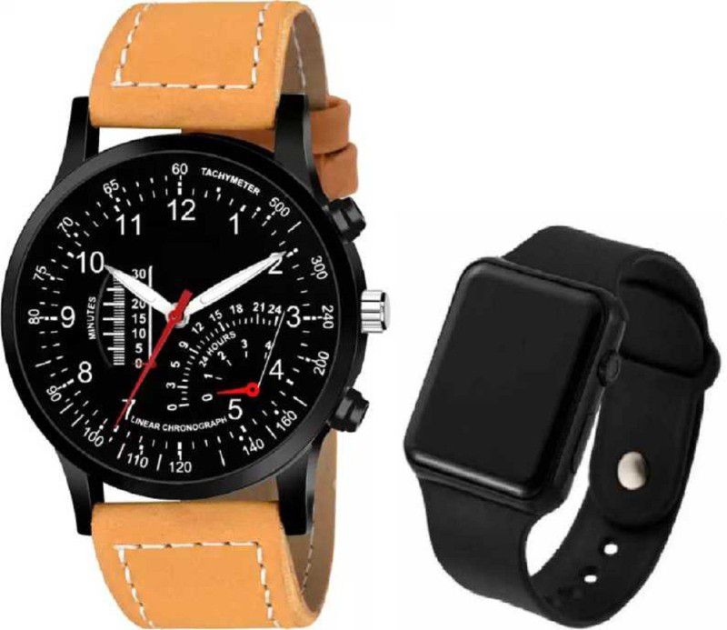 stylish different colored Watch Analog-Digital Watch - For Boys NEW ATTRACTIVE A1 BLACK & BROWN COMBO WATCHES SQUARE RED LED-NEW LEATHER THERMOMETER DIAL COMBO SET OF 2 Analog-Digital Watches - For Boys & Men's