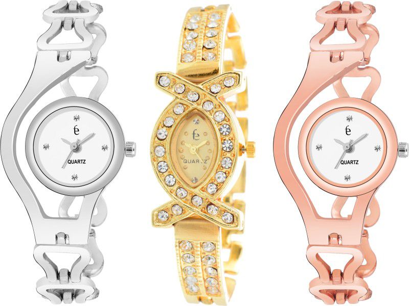 Chain Series_10 Analog Watch - For Girls College Style Set Of 3 Silver And Golden Colour Chain belt Golden Diamond Bracelet type Strap Trendy Womens Watches For Girls