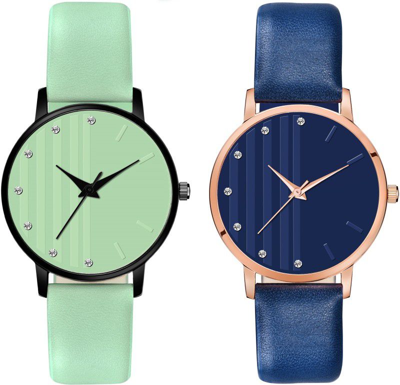 Pack of 2 Green & Blue 3D Glass Black Round Dial Combo Women Analog Watch - For Girls LT-321-325