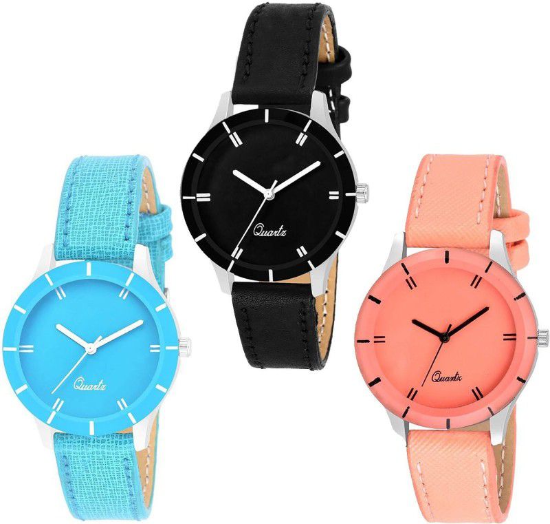 Three Combo Pack Analog Watch - For Girls New Black,Sky Blue And Orange Combo Pack Exclusive and Attractive Stylish Dial and leather Strap Watch for Girl-Woman