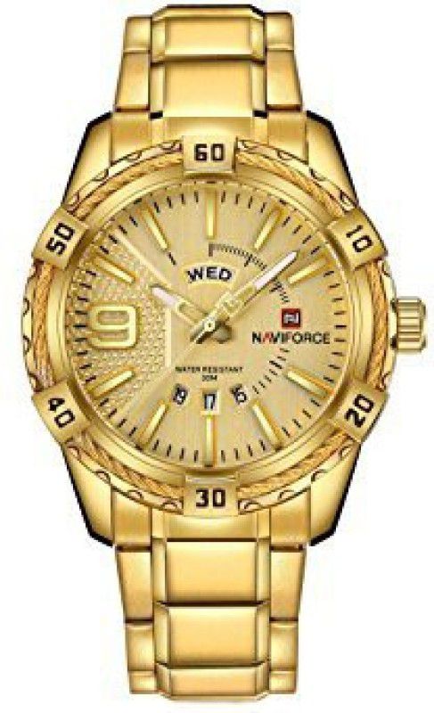 NAVIFORCE Mens Casual Sports Gold Watch Stainless Steel Band Date Dress Waterproof Watches Analog Watch - For Men Gold 4434