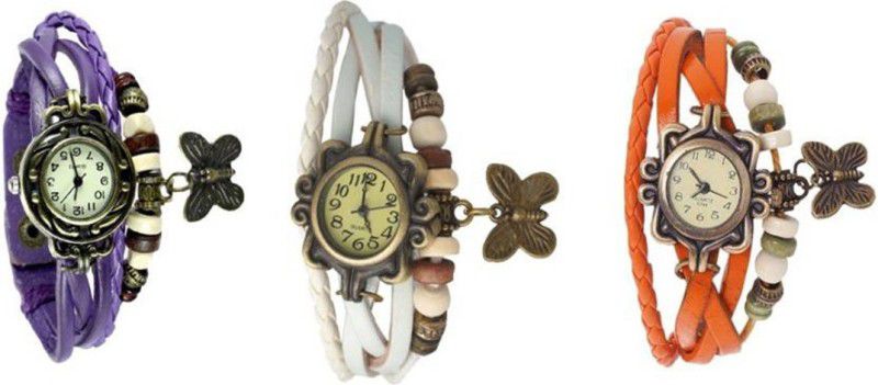 Analog Watch - For Women Combo Latest Fancy Leather Hand Knit Vintage Watches Dress Bracelet Women Girls Ladies Clover Pendant Retro MT-02 ( Pack Of 3 )