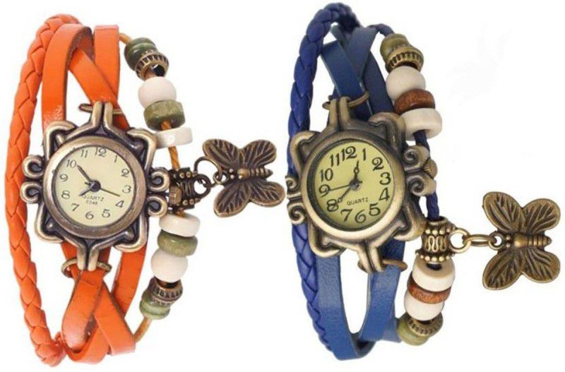 Analog Watch - For Girls Combo Latest Fancy Leather Hand Knit Vintage Watches Dress Bracelet Women Girls Ladies Clover Pendant Retro ( Pack Of 2 )