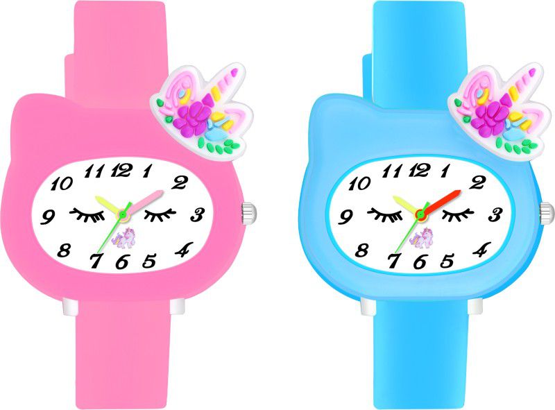 Cartoon Collection Watch For Children Kids Girl's Pack of 2 Analog Watch - For Boys & Girls Light Pink And Sky Blue Unicorn
