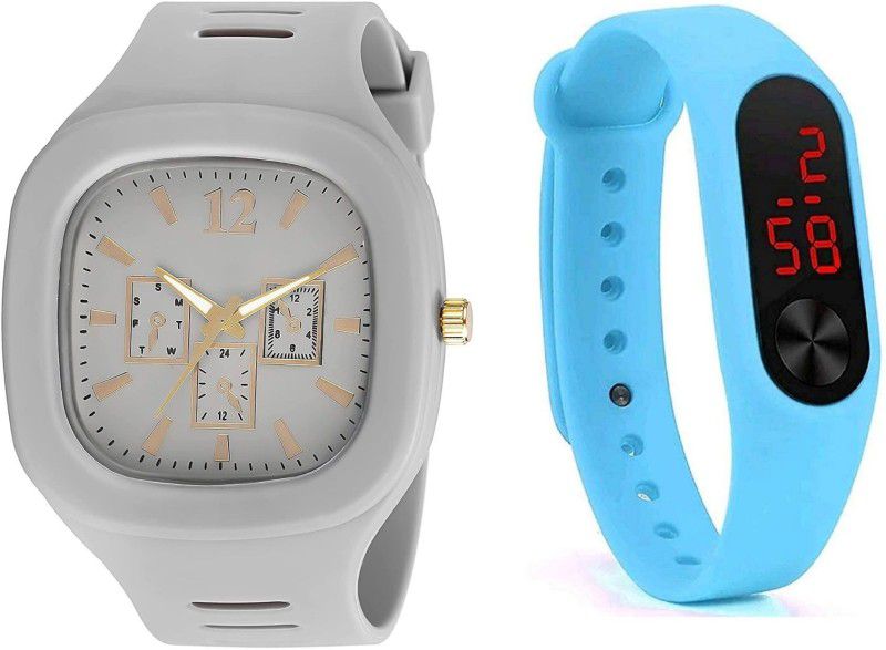 Grey||Casual Fit||Water Resistant Analog-Digital Watch - For Men & Women ST-GreySkyblue