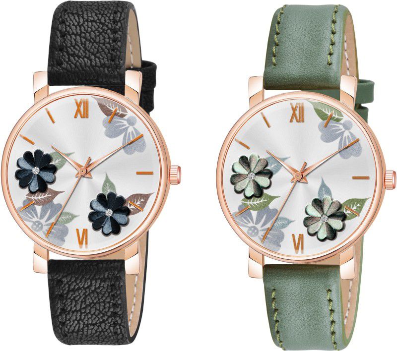Analog Watch - For Girls Pack of 2 Flowered Designer Premium Leather Strap Analog Watch for girls & women