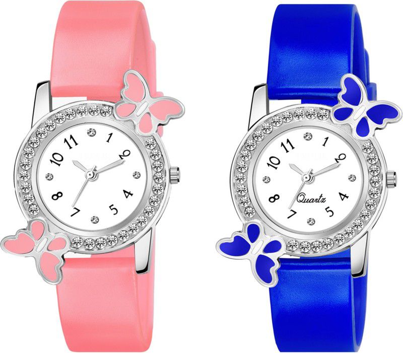 Analog Watch - For Women Attractive And Popular Set of 2 Pink And Blue color Pu material Butterfly looks Watches For Girls