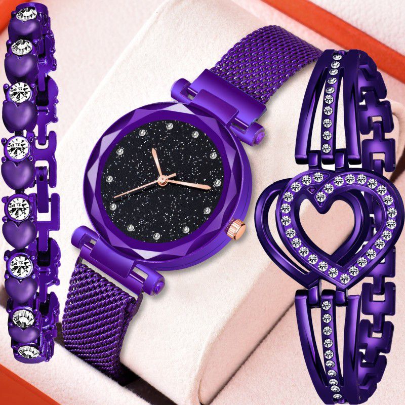 Analog Watch - For Women 12 Diamond Purple Magnetic Chain Combo with 2 Bracelet hand watch For Girls
