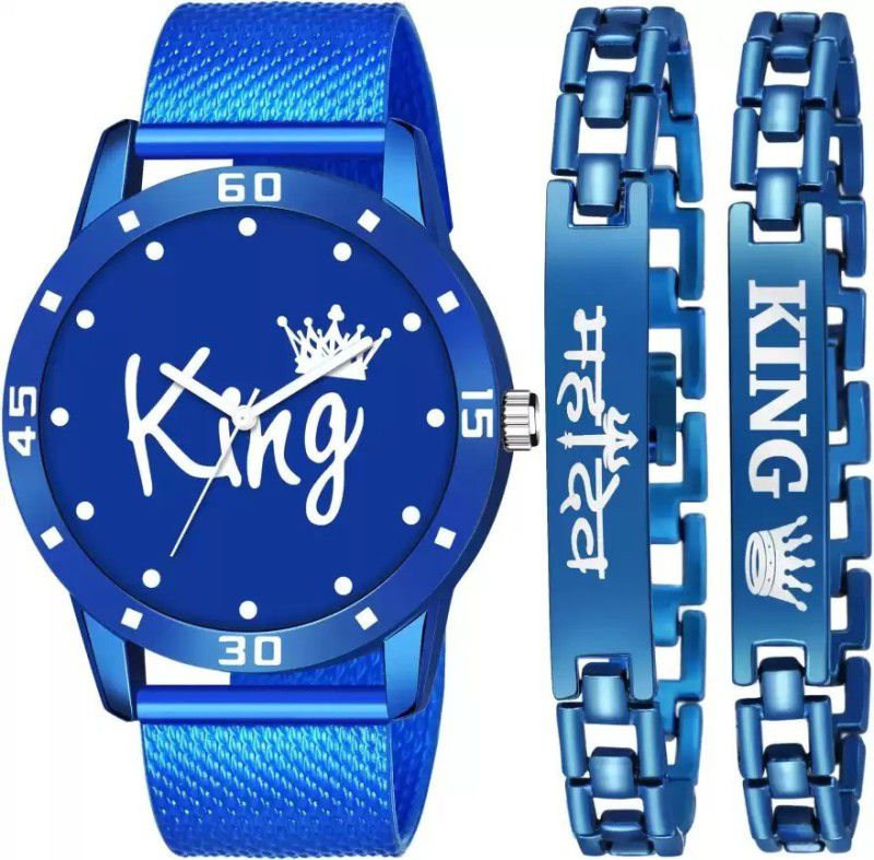 Blue King Dial & Blue Mahadev And Blue King Bracelat Combo Set Watch For Men Analog Watch - For Men New Attrective
