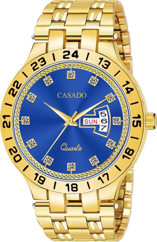 Gold Plated | Diamond Studded | 3D Cut Glass | Day and Date | 1 Year Warranty Analog Watch - For Men CSD-607-BLUE-GOLD-DD
