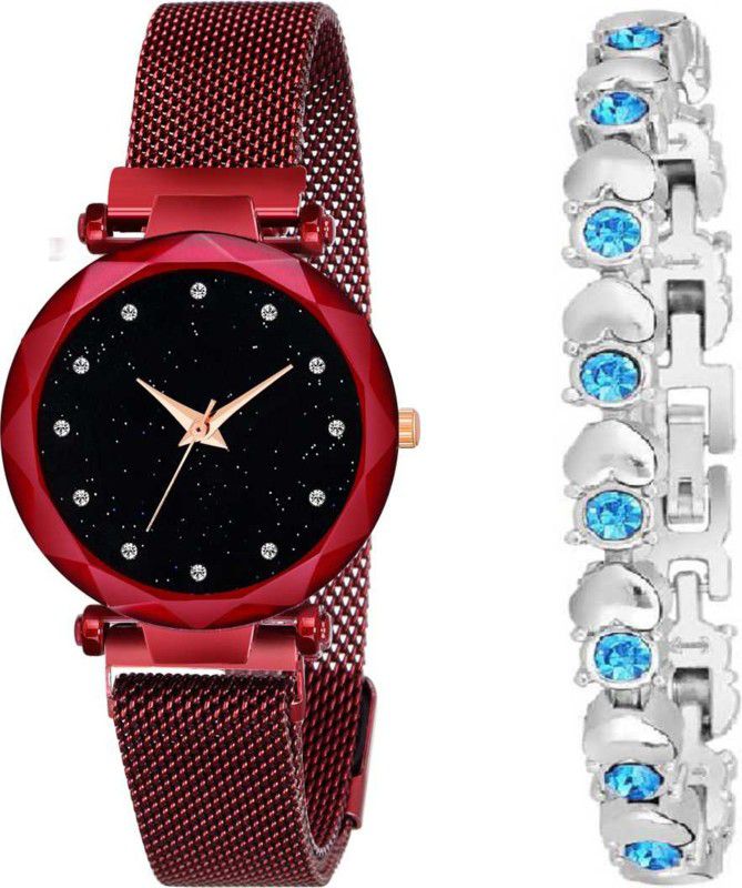 Analog Watch - For Girls Unique Designer Red color Magnetic Buckle New Innovative Buy watch and get popular Silver Color Blue diamond studded Bracelate For Women and Kids