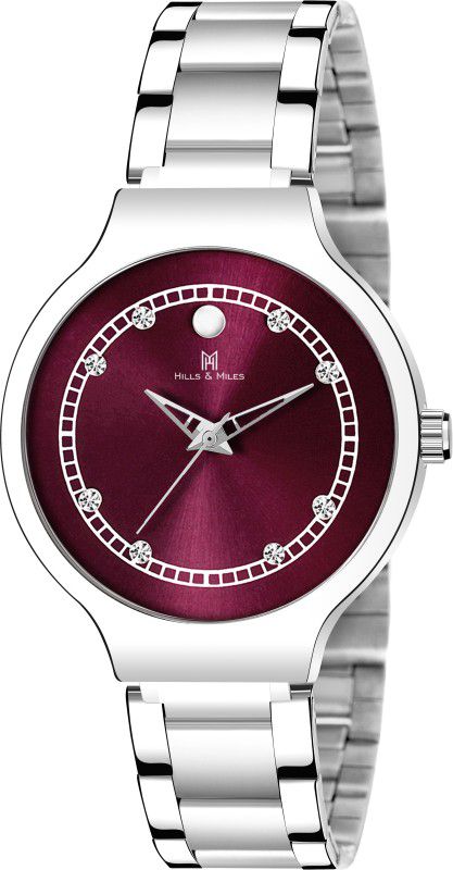 Purple Studded Dial & Silver Trendy Elegant Bracelet Analog Watch - For Women H&M-2121W