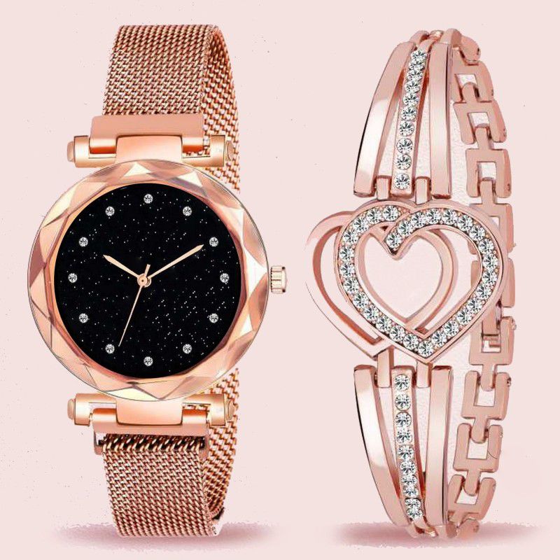 Magnetic rosegold strap round black dial with diamond in dial watch for womens Analog Watch - For Girls