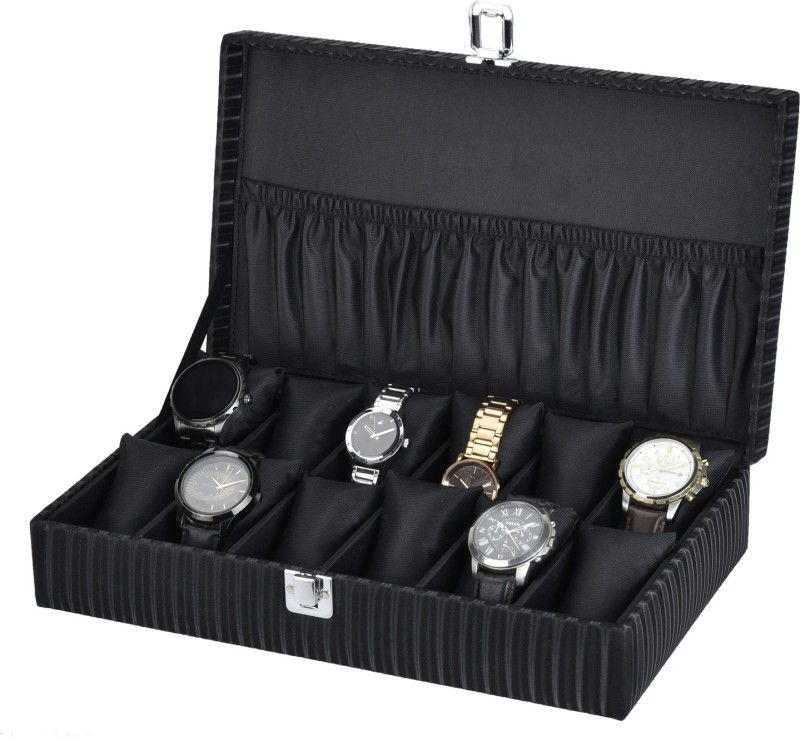 Unisex 12 Slots Watch Box Organizer PU Leather Watches Display Case Storage Box Watch Box  (Black, Holds 12 Watches)