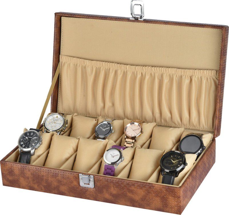 Unisex 12 Slots Watch Box Organizer PU Leather Watches Display Case Storage Box Watch Box  (Tan, Holds 12 Watches)