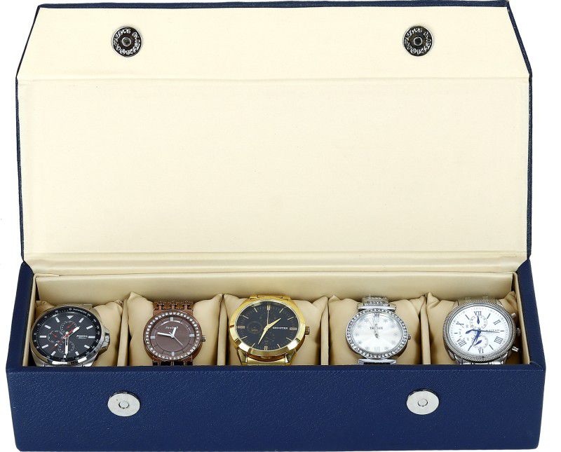 Storage Organizer For Men & Women Hand Crafted in High Quality Leather Watch Box  (Blue, Holds 5 Watches)