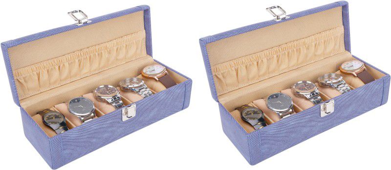 Watch Case 5 Blue Slots PACK OF 2 Watch Box  (Blue, Holds 5 Watches)
