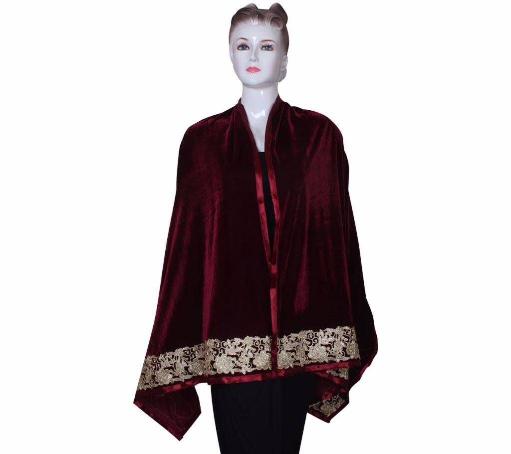  Maroon Velvet Ladies Shawl with  embroidered Lace border