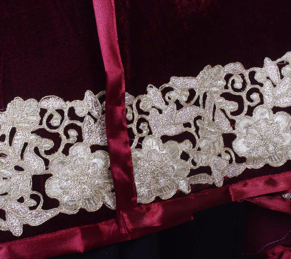  Maroon Velvet Ladies Shawl with  embroidered Lace border