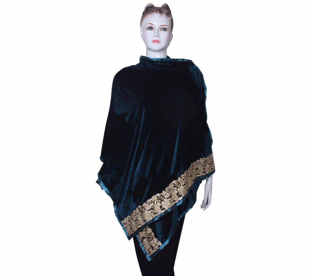  Bottle Green Velvet Ladies Shawl with embroidered Lace border