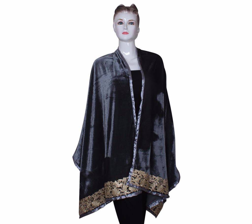  Ash/Silver Velvet Ladies Shawl with embroidered Lace border