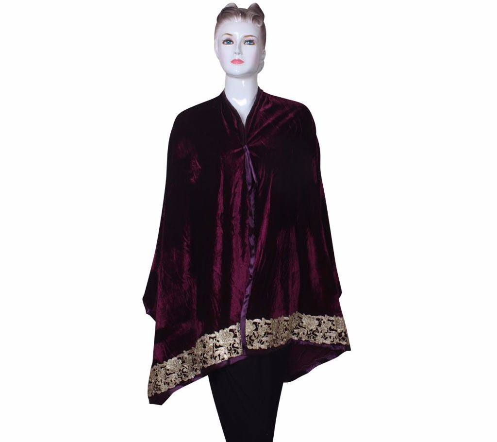 Purple Velvet Ladies Shawl with embroidered Lace border