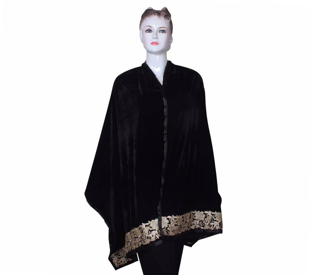 Black Velvet Ladies Shawl with embroidered Lace border