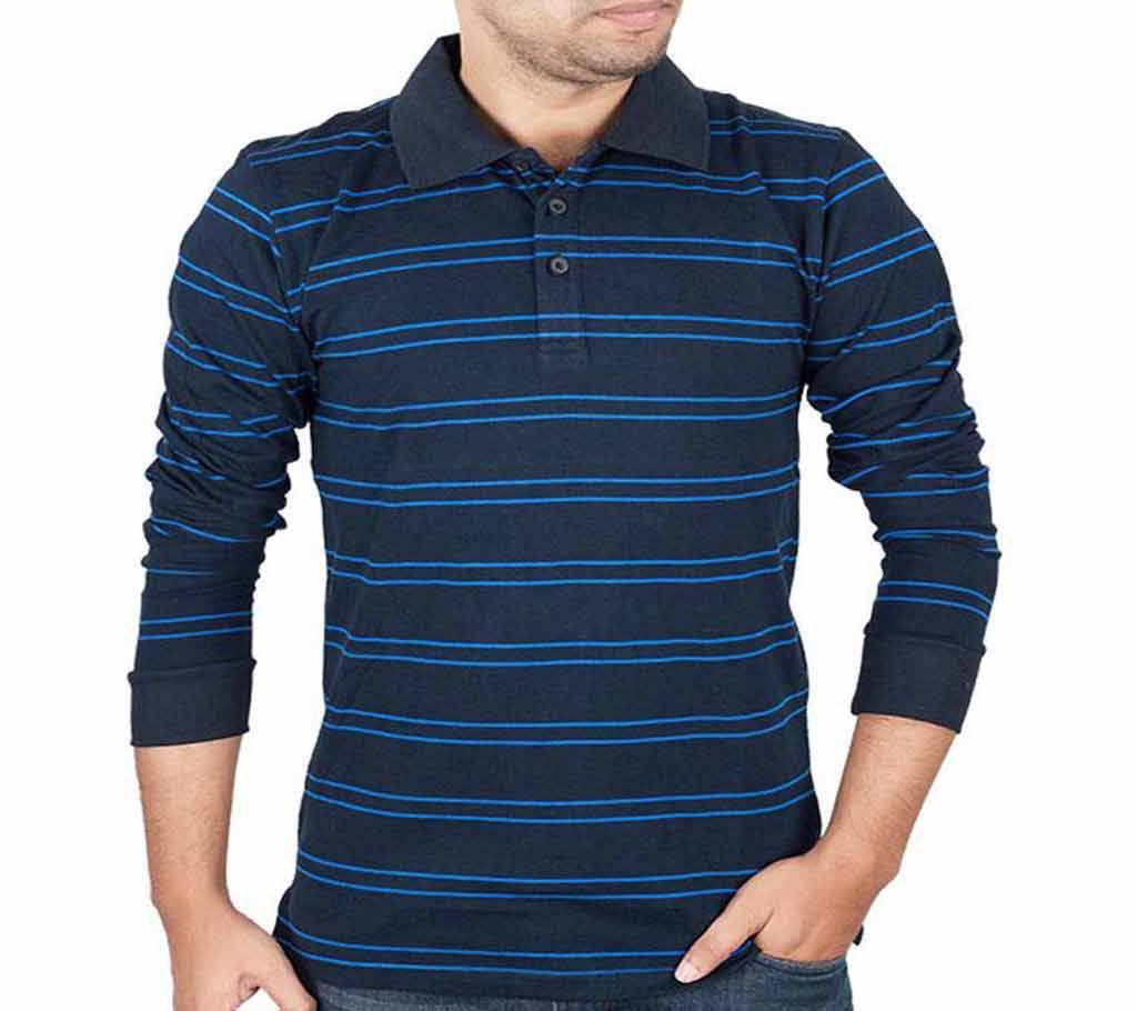 Mens Full-Sleeve Polo Shirt 37917 - Navy Stripe