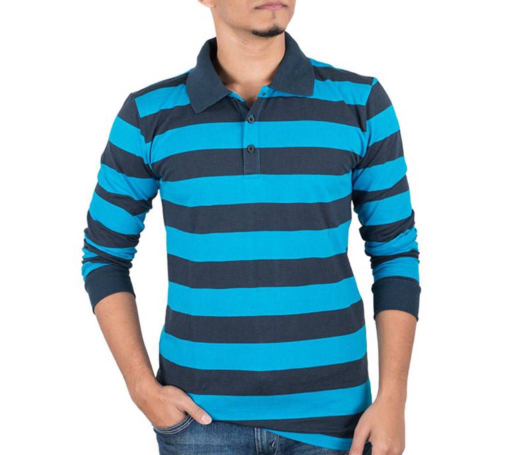 Mens Full-Sleeve Polo Shirt 37917 - Turquoise Stripe