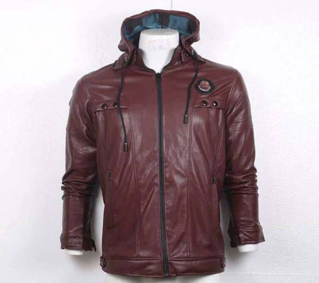 Gents artificial leather jacket with hoodie
