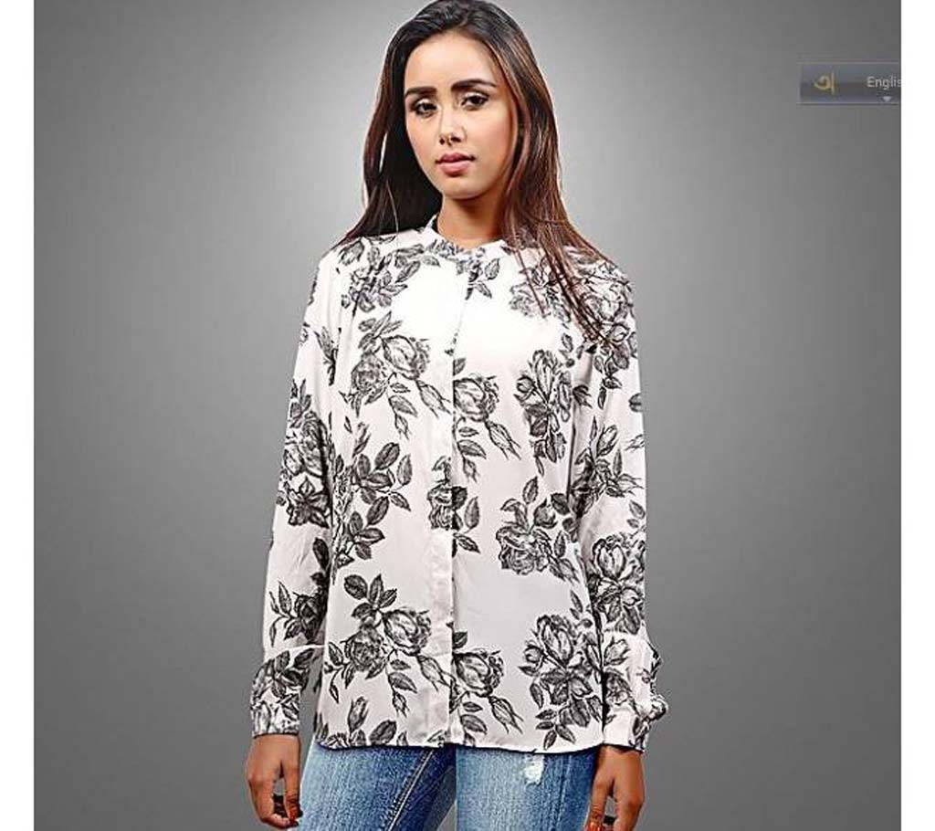 Printed White Cotton and Georgette Long Sleeves Shirt