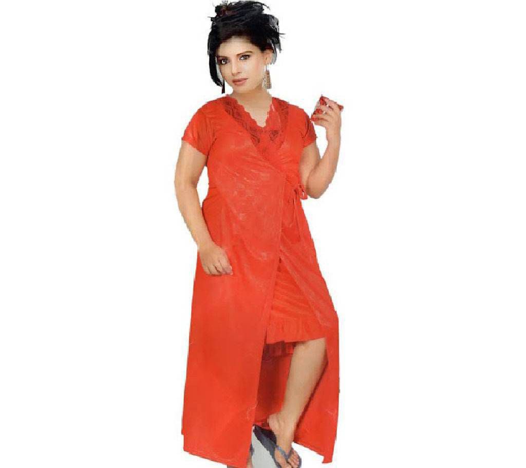 Salmon Silk  Night Dress for Women- Red ( 2 Part)