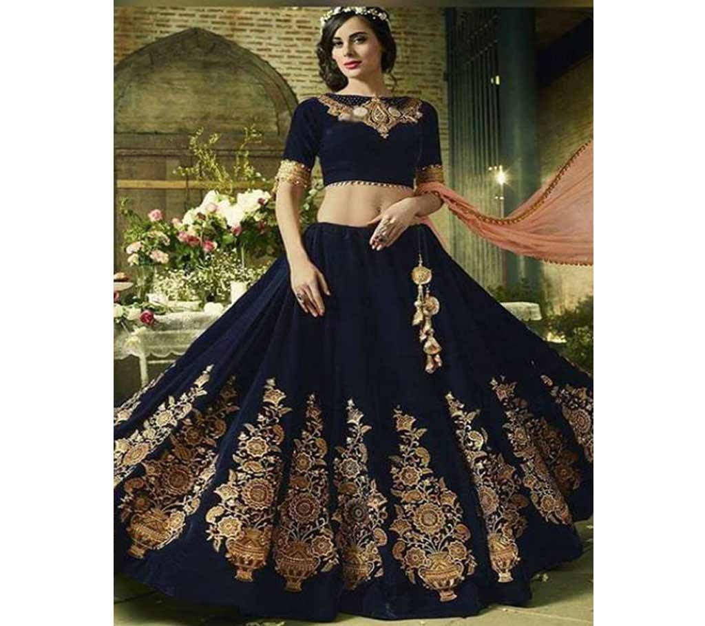Navy Blue and Golden Georgette Embroidered Unstitched Lehenga for Women