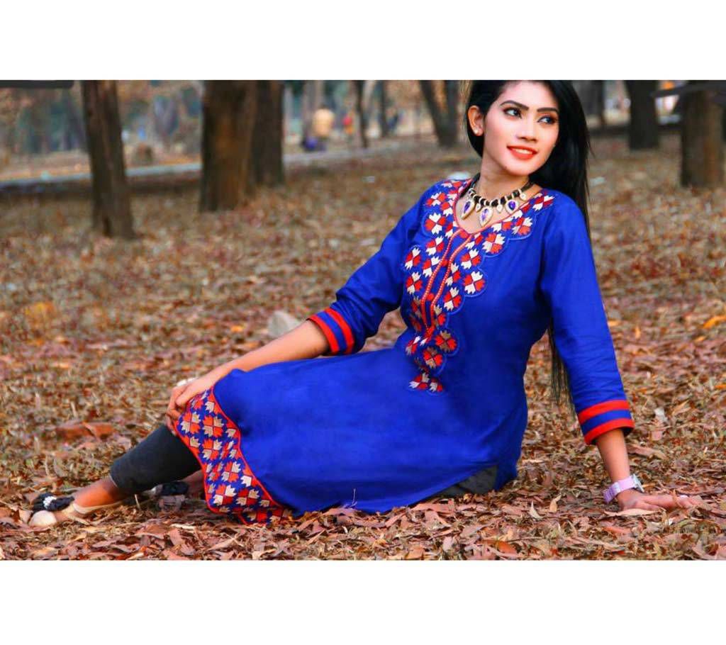 Unstitched Embroidered Bexi fabric Deep blue Long Kurti