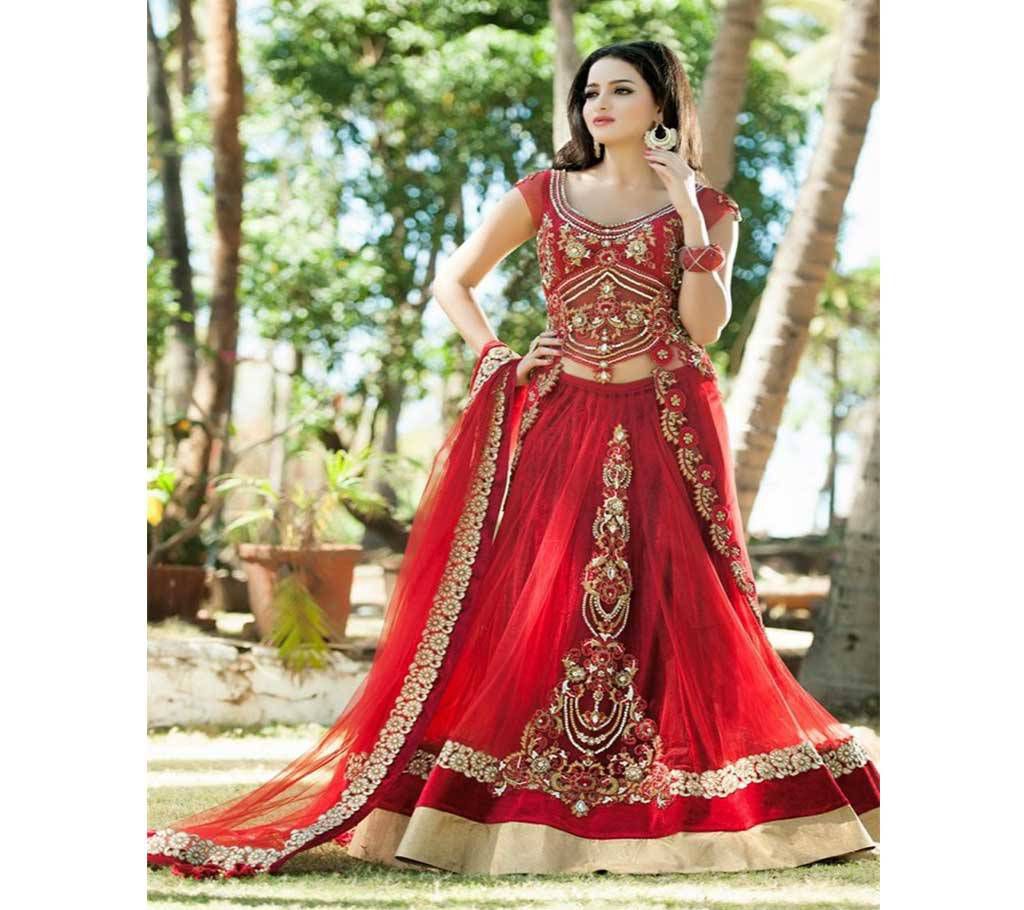 Deep Red Color Unstitched Embroidery  indian Georgette Lehanga