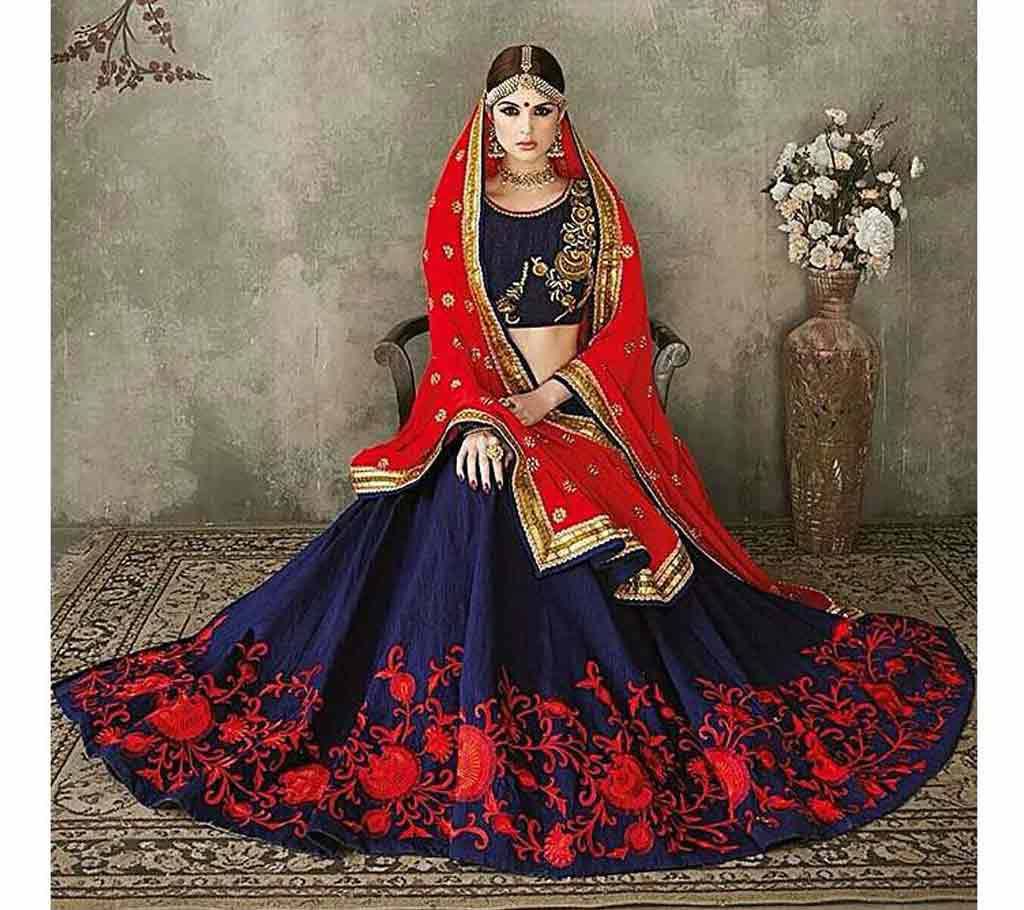 Unstitched Navy Blue and Red Embroidery Georgette Lehenga (Copy)